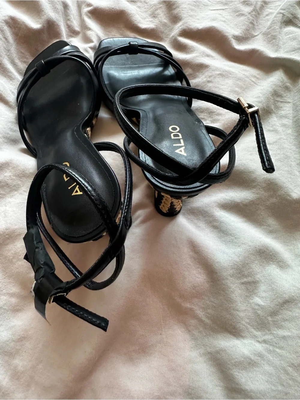 NEw Aldo Strappy Raffia Wedge Sandals Black Beige Resort Heels US 6 - Picture 7 of 9